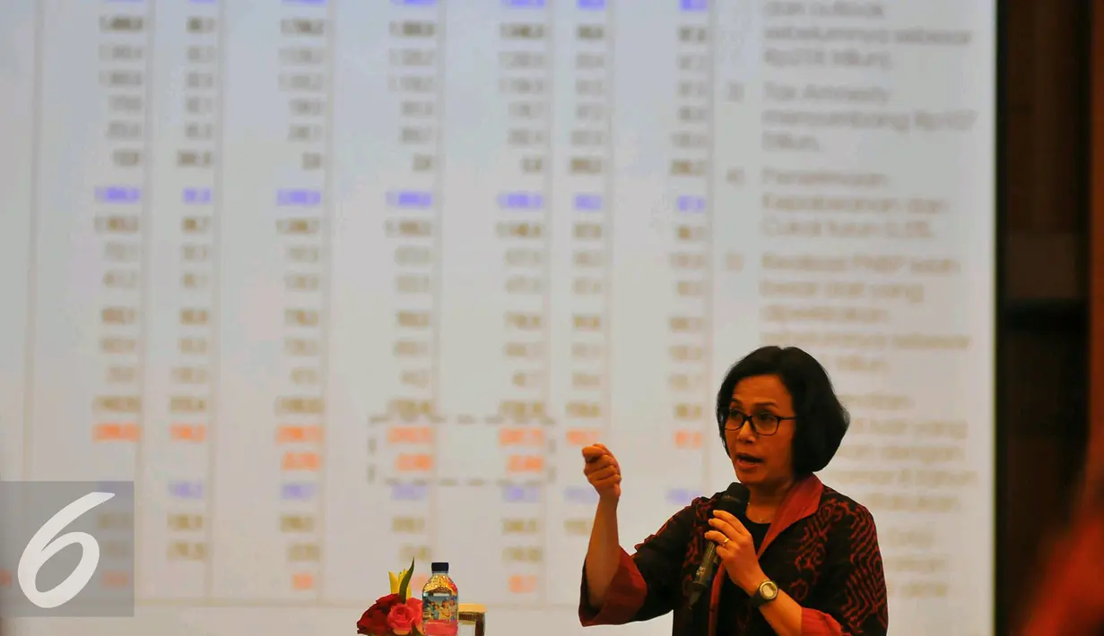 Sri Mulyani saat memberi arahan dalam Rapat Kerja Nasional Kementerian Keuangan, Jakarta, Selasa (10/1). Sri Mulyani menyinggung soal kebijakan Amerika Serikat terkait kenaikan suku bunga AS terhadap perekonomian Indonesia. (Liputan6.com/Angga Yuniar)