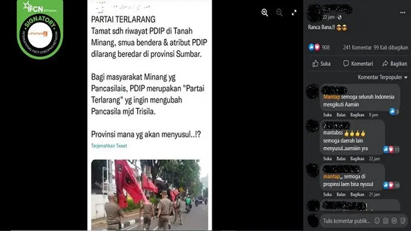 Gambar Tangkapan Layar Foto yang Diklaim Bendera dan Atribut PDIP Dilarang di Sumatera Barat (sumber: Facebook).