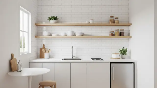 Dapur Tipe I dengan Floating Shelves dan Backsplash Putih
