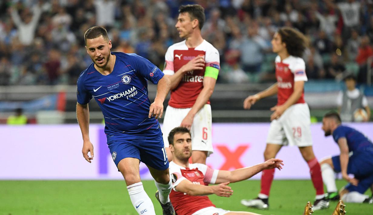 Eden Hazard total mencetak 7 gol dan 3 assist dari total 19 laga saat menghadapi Arsenal di semua ajang kompetisi. Rinciannya adalah 4 gol dicetak di Liga Inggris, 2 gol di Liga Europa dan 1 gol lagi dicetak di ajang EFL Cup. Dua gol di Liga Europa terjadi pada laga final musim 2018/2019, di mana Chelsea akhirnya meraih juara setelah menang dengan skor 4-1. (AFP/Kirill Kudryavtsev)