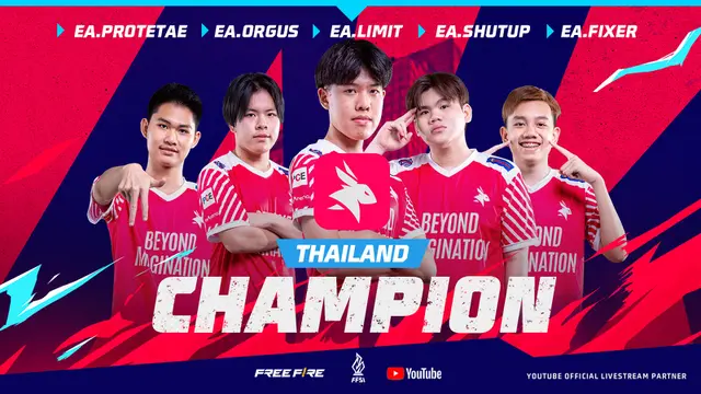 Tim esports Thailand, EArena keluar sebagai juara Free Fire SEA Invitational. Mereka membawa hadiah utama USD 100.000, dengan total 232 poin (Garena)