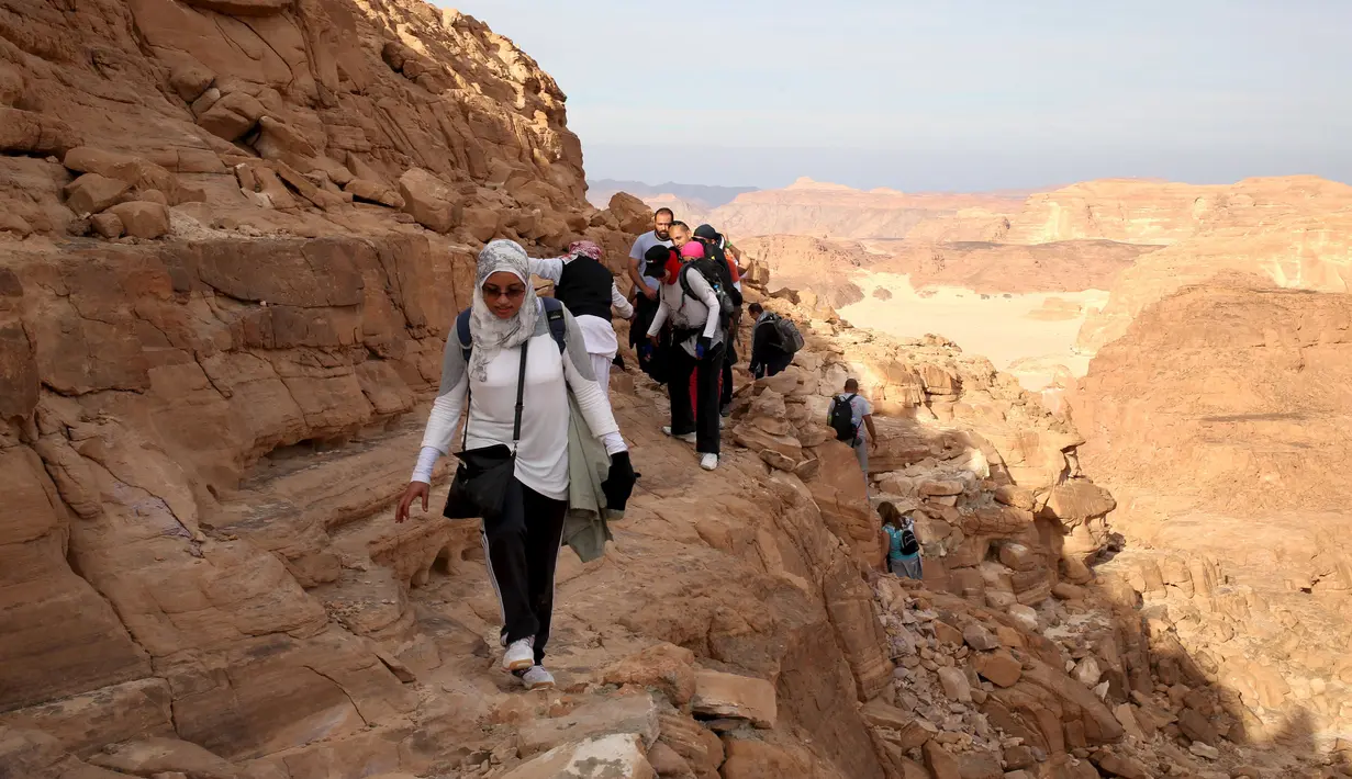  Para wisatawan saat menaiki puncak daerah Naqba Rum di Sinai Selatan, Mesir, (20/11). Kegiatan ini dilakukan untuk mengampanyekan bahwa suku Badui Mesir aman dan tempat ini layak untuk dikunjungi. (REUTERS/Asmaa Waguih)