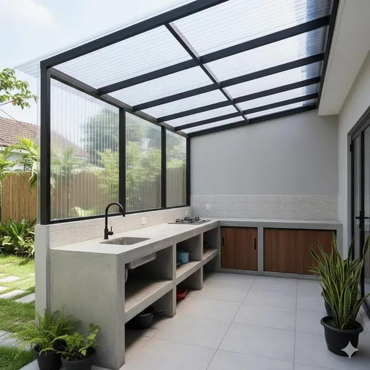 12 Inspirasi Dapur Outdoor Lahan Sempit dengan Meja Cor Minimalis Tren 2025