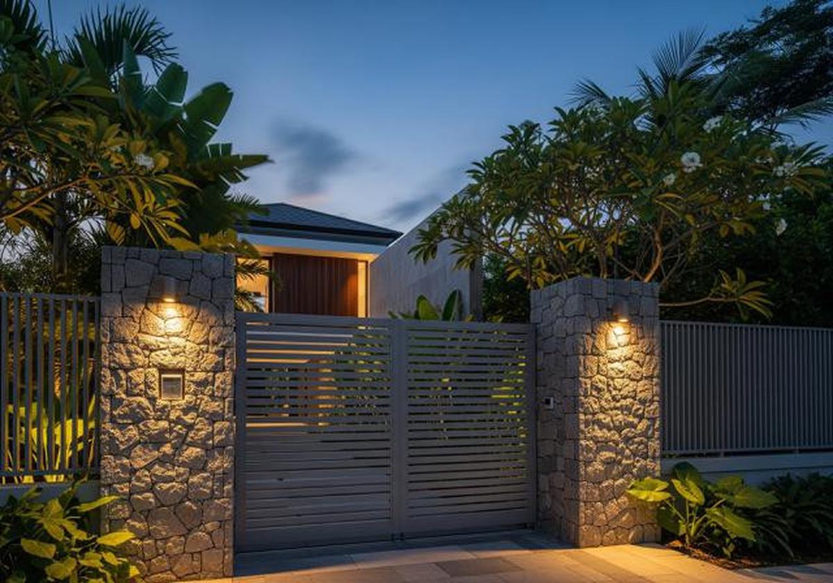 Pagar Kombinasi Besi Hollow dan Batu Alam dengan Lampu Aksen/Model Pagar Rumah Kombinasi Besi Hollow dan Batu Alam (Sumber: gemini.com)