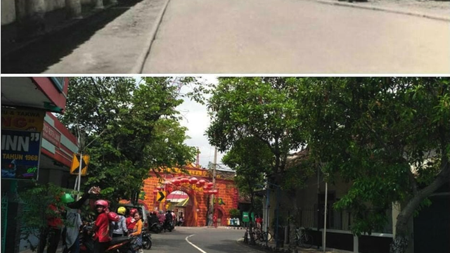 Perbandingan kondisi jalan menuju Klenteng Tjoe Hwie Kiong dulu dan sekarang.