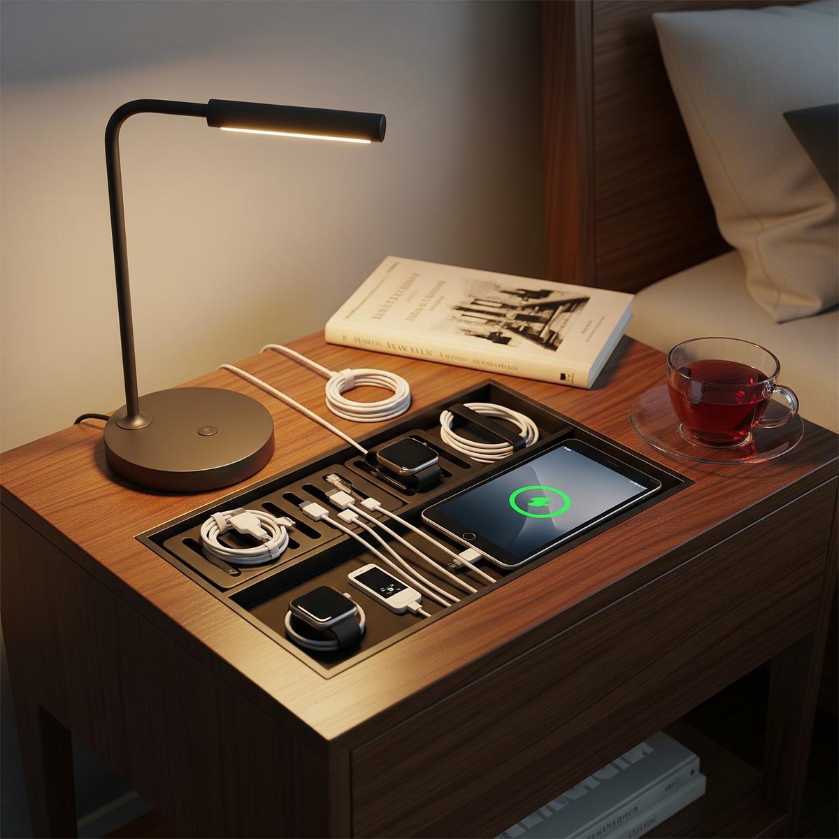 Menata Kabel Charger agar Meja Samping Tempat Tidur Rapi (AI Generated)