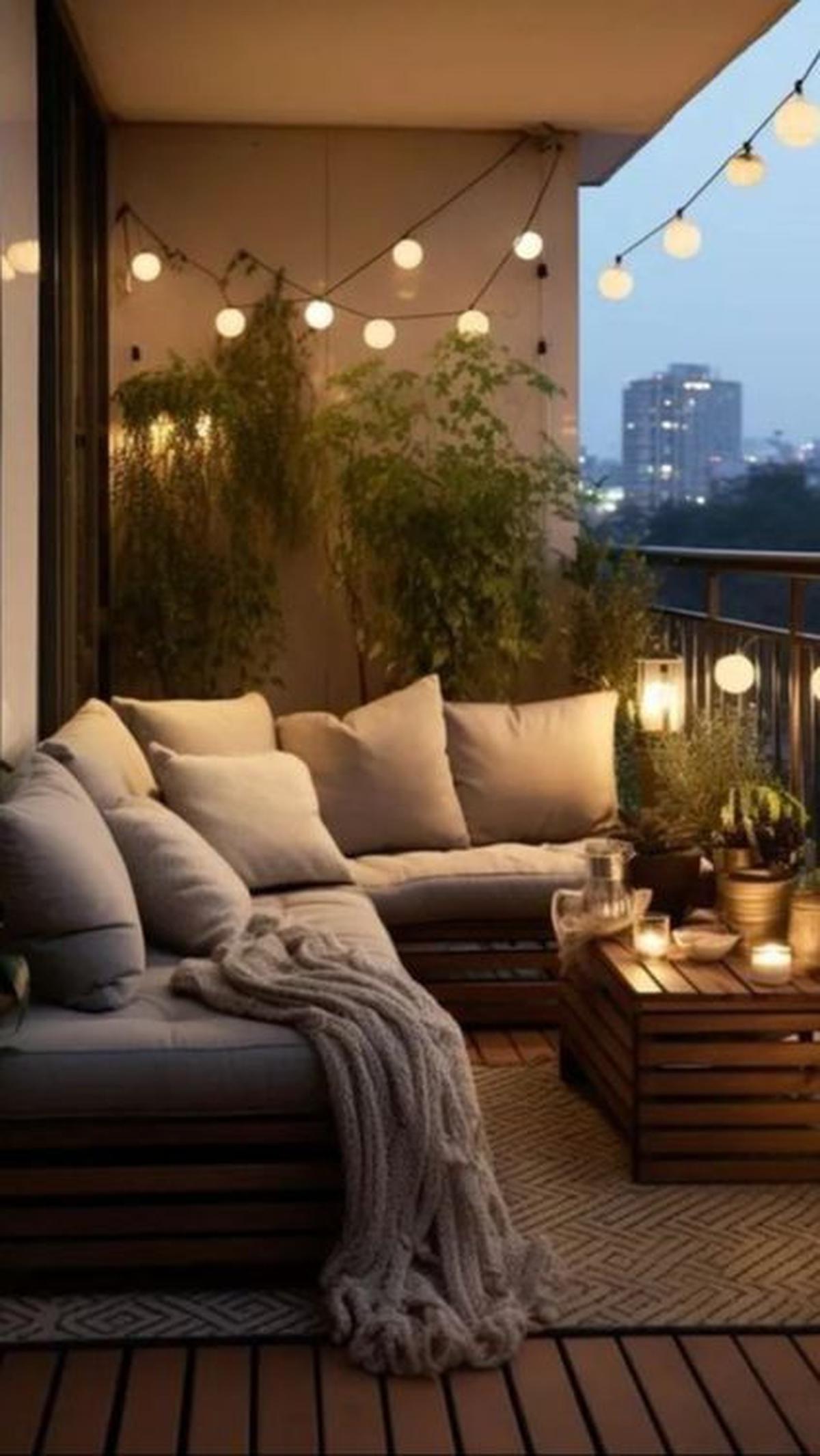 Desain Balkon Terbuka dengan Lampu LED