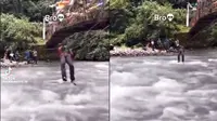 Aksi kocak pria seberangi sungai yang malah berujung apes (Sumber: TikTok/nutterbutter909)