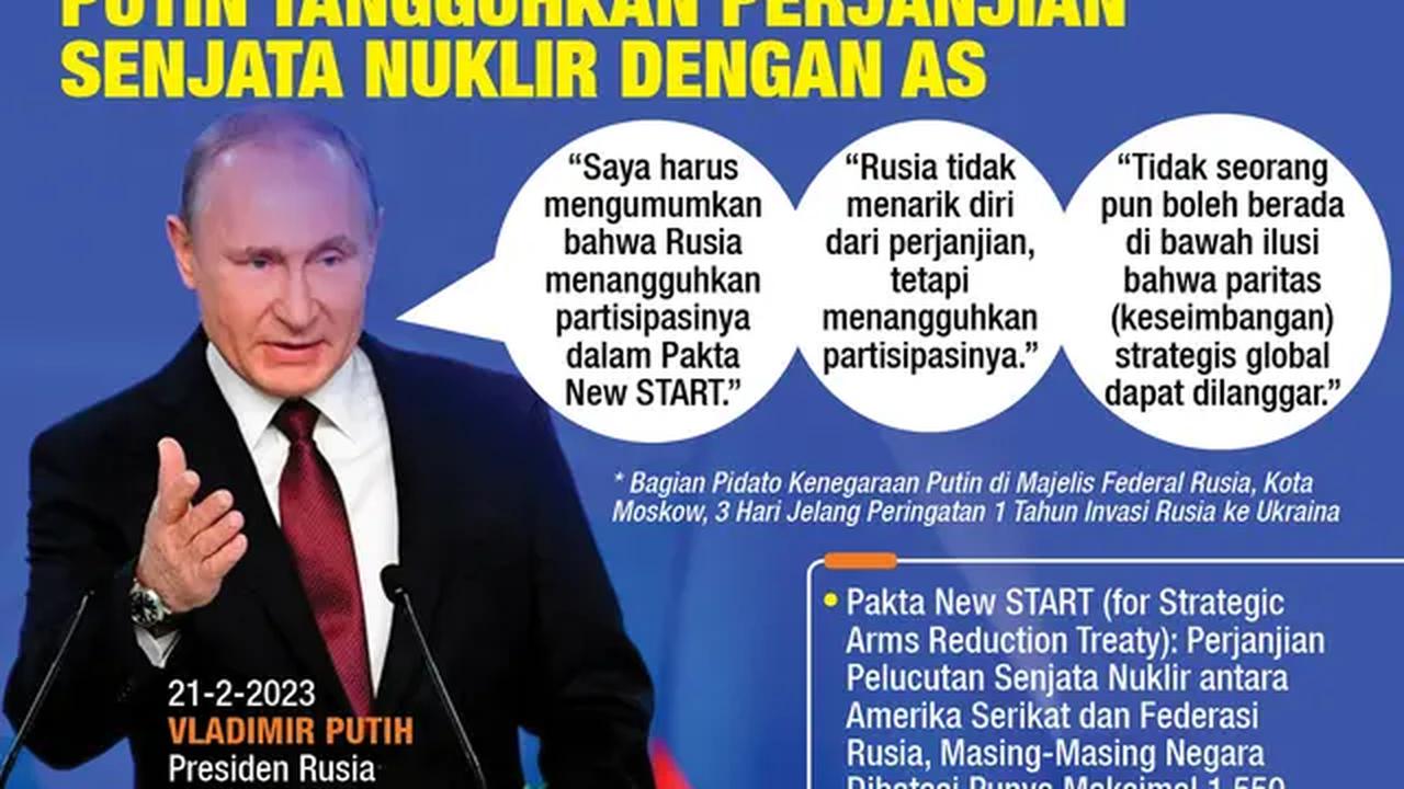 Infografis 1 Tahun Perang Rusia - Ukraina, Putin Tangguhkan Perjanjian Senjata Nuklir dengan AS. (Liputan6.com/Trieyasni)