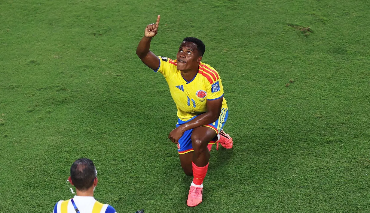 Pemain Kolombia Jhon Arias merayakan gol pertama timnya selama pertandingan babak 32 besar Piala Dunia FIFA 2026 antara Kolombia dan Ghana di Stadion Kansas City di Kansas City, Missouri, Jumat (03/07/2026). (AFP/ Getty Images/ Carl Recine)