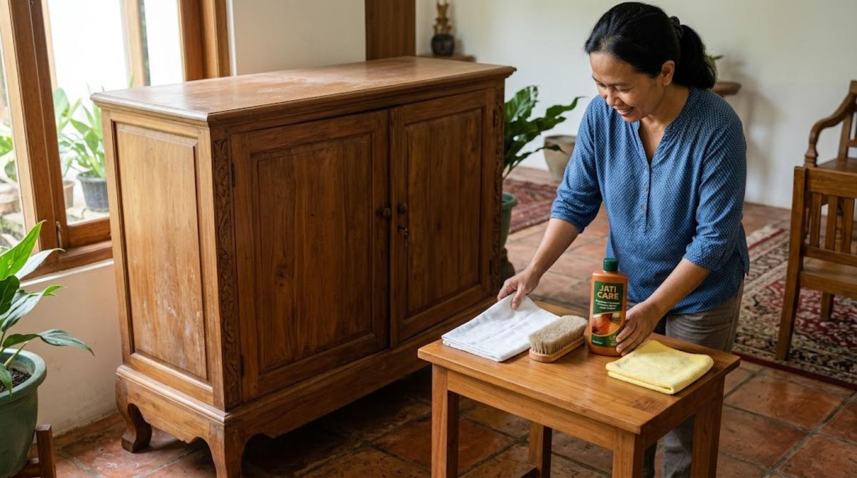 Ilustrasi Cara Membersihkan Debu di Furnitur Kayu Jati/AI Generated