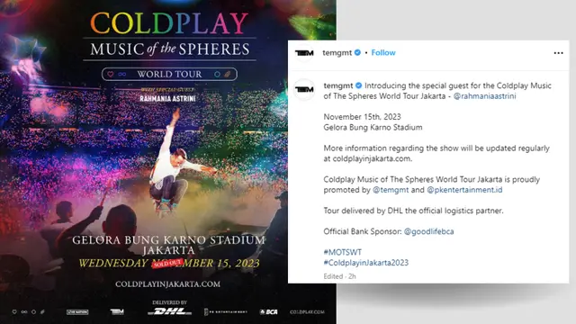 Pengumuman Rahmani Astrini sebagai special guest konser Coldplay di Jakarta.
