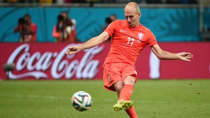 Hingga kini, Arjen Robben yang bermain untuk klub Bayern München di Bundesliga dan untuk tim nasional Belanda itu sudah mencetak 3 gol di Piala Dunia Brasil 2014. (AFP PHOTO/Damien Meyer)