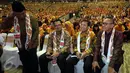 Ketua DPR Setya Novanto bersama Ketua MPR Zulkifli Hasan, Anggota DPR Mahyudin serta Wakil Ketua DPD Fahrouk Muhammad menghadiri pengukuhan pengurus Dewan Pimpinan Pusat (DPP) Partai Hanura 2016-2020 di SICC, Bogor, Rabu (22/2). (Liputan6.com/Johan Tallo)