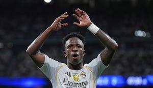 Vinicius Junior dari Real Madrid bereaksi dalam laga La Liga antara Real Madrid dan Mallorca di Madrid, Sabtu, 30 Agustus 2025. (AP Photo/Manu Fernandez)