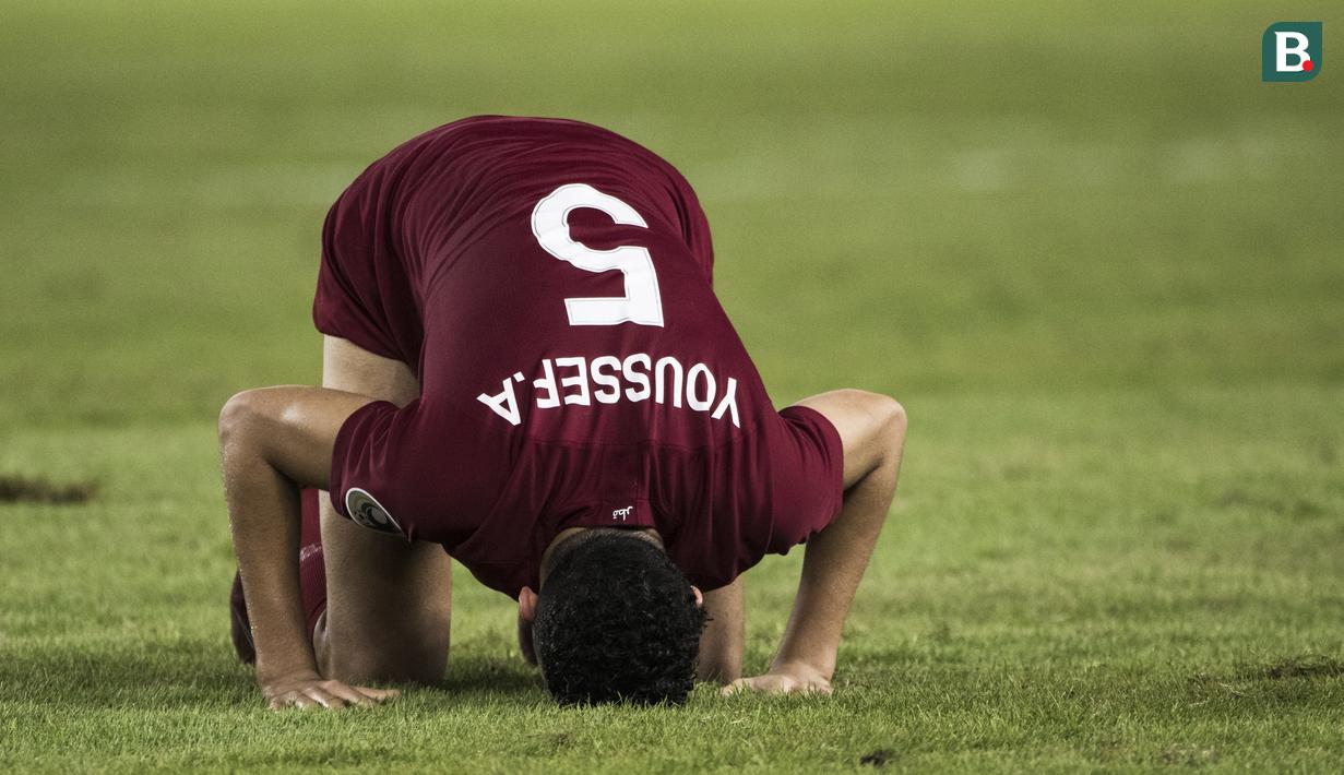 Bek Qatar, Yousef Aymen, merayakan kemenangan atas Thailand pada laga Piala AFC U-19 di SUGBK, Jakarta, Minggu (28/10). Qatar menang 7-3 atas Thailand. (Bola.com/Vitalis Yogi Trisna)
