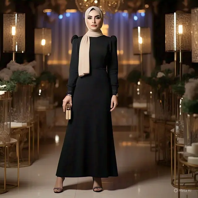 Long Dress Hitam A-line dengan Hijab Beige/Nude