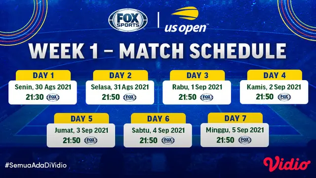 Jadwal dan Live Streaming Grand Slam US Open 2021 di Vidio Pekan Ini, 30 Agustus Hingga 5 September 2021