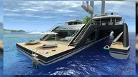 Kapal trimaran berukuran sepanjang 85 meter memiliki tata ruang yang terbuka dan sejumlah fasilitas luar biasa. (superyachtworld.com)