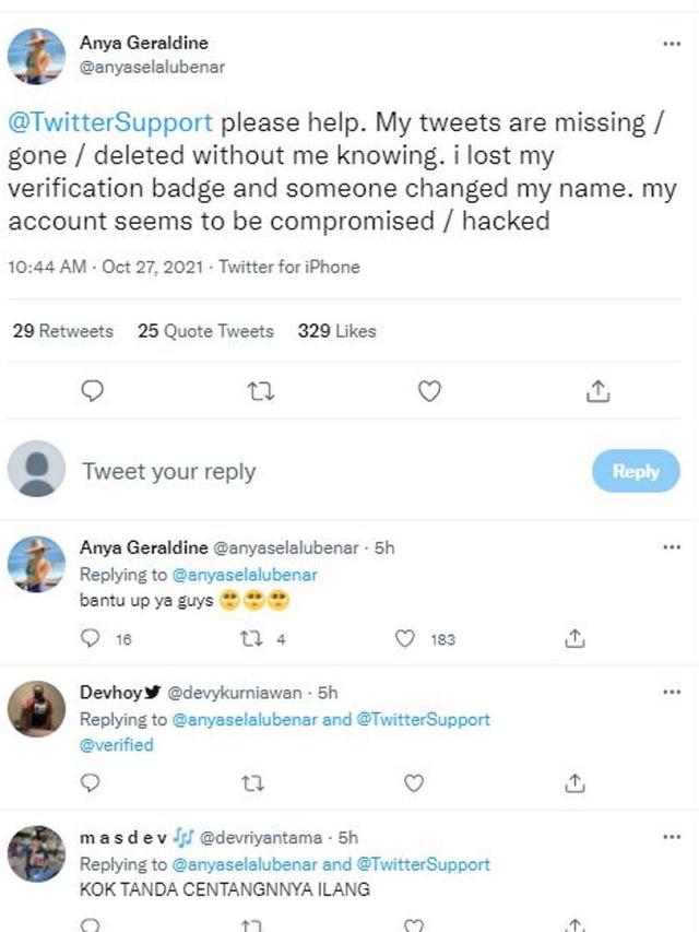 Twitter milik Anya Geraldine diretas