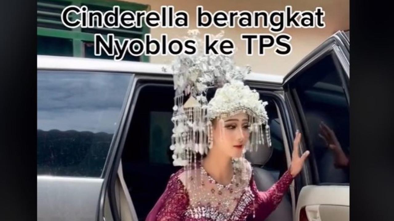 Niat Banget, Perempuan Pakai Baju Pengantin Merah Muda Plus Hiasan Kepala ke TPS.  foto: TikTok @revitapputri
