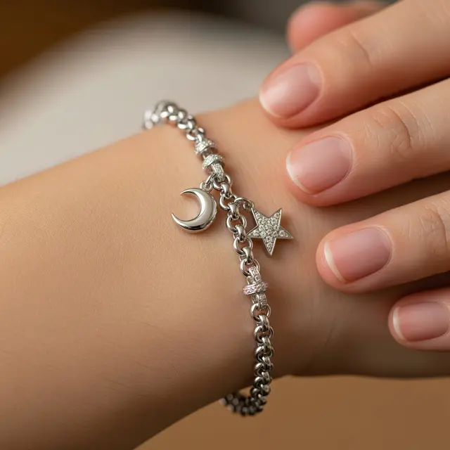 9 Model Gelang Emas Model Rolo Chain Kombinasi Liontin Bulan dan Bintang, Kilau Elegan