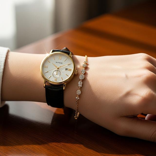 5. Gelang Rantai dengan Detail Kristal dan Jam Tangan Analog Gold