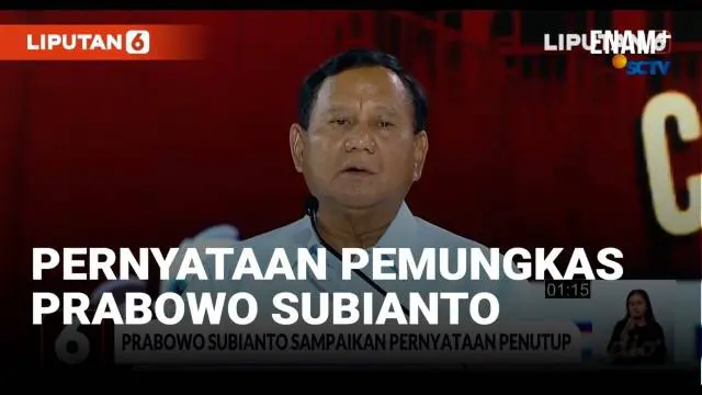Calon Presiden Prabowo Subianto menyampaikan pernyataan penutup dalam acara debat calon presiden yang digelar KPU Minggu (7/1) malam.