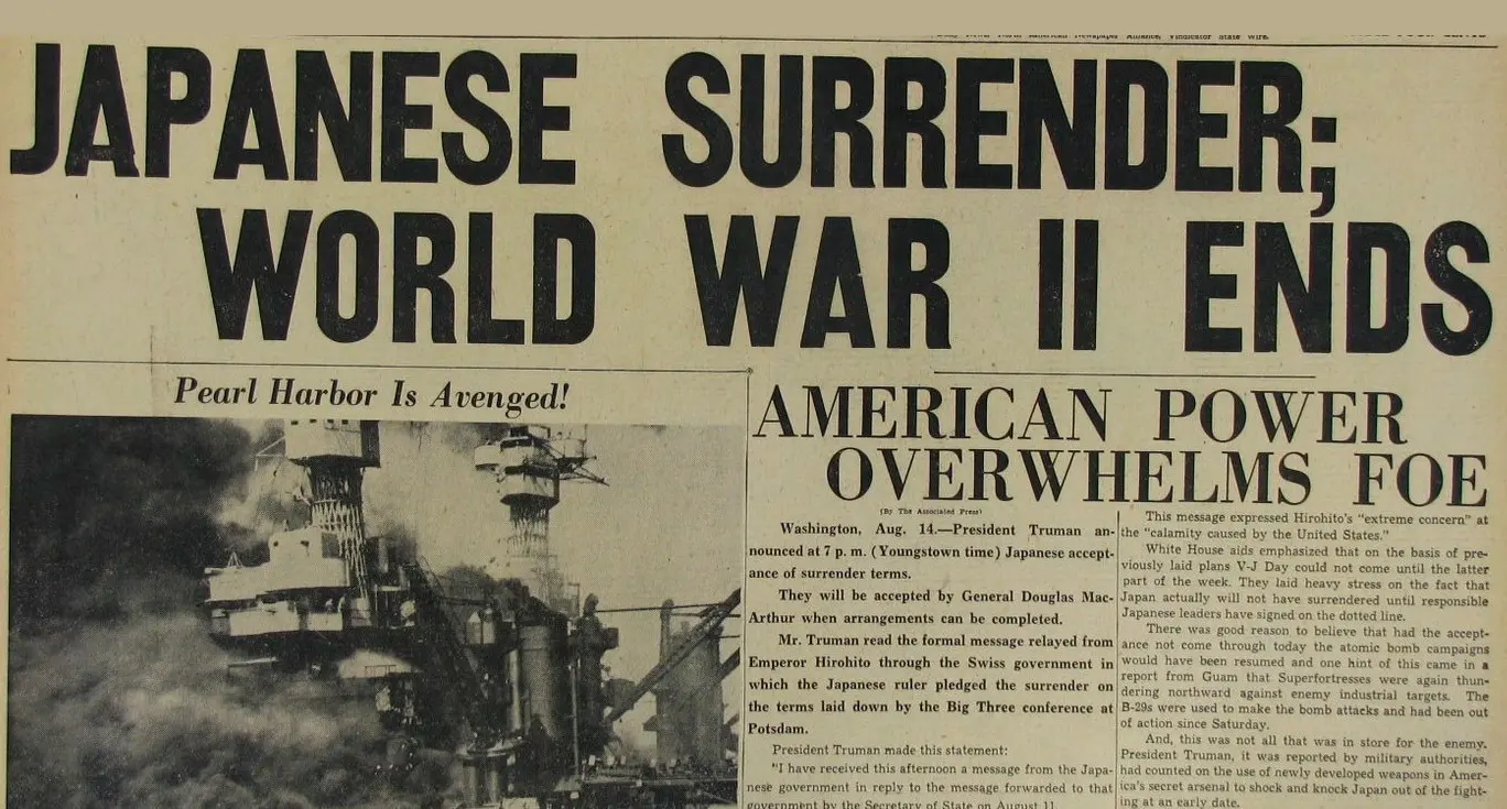 Salah satu headline koran yang mengabarkan Jepang menyerah tanpa syarat kepada tentara sekutu pada 1945. (Worldwar2facts.org). 
