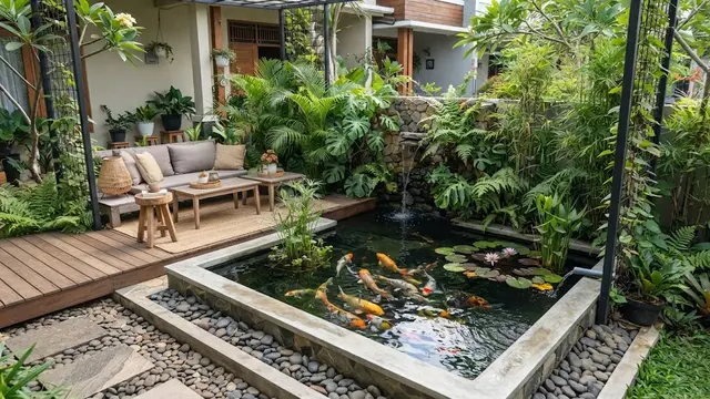 Teras dengan Integrasi Kolam Ikan Minimalis