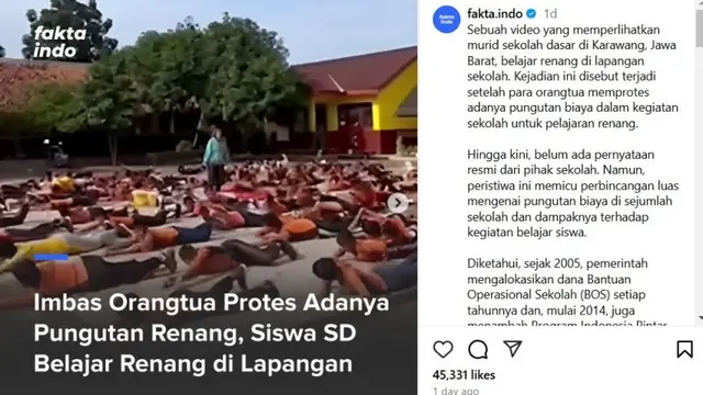 Viral Video Murid SD Belajar Renang di Lapangan Sekolah Disebut Imbas Orangtua Protes Pungutan Biaya.  foto: dokumentasi warga Karawang dan Instagram @fakta.indo, @fakta.jakarta