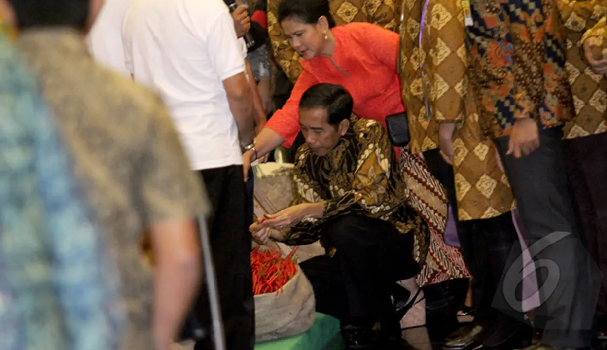 Presiden Joko Widodo melihat cabai di Jakarta Food Security Summit, Jakarta, Kamis (12/2/2015).  Acara ini ditujukan untuk mewujudkan karya dan komitmen para pelaku usaha dalam skala nasional dan internasional. (Liputan6.com/Faizal Fanani)