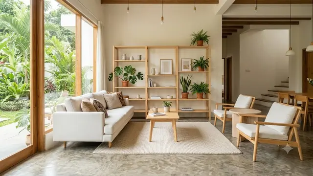 Model Rumah dengan Lantai Semen Ekspos dan Dekorasi Kayu