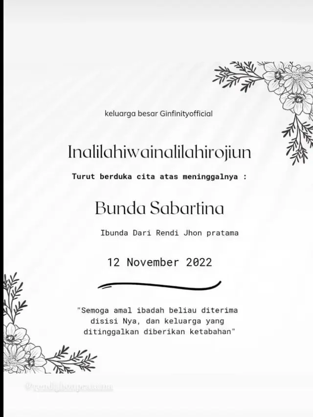 Ibu Rendi Jhon Pratama Meninggal Dunia Usai 4 Hari Dirawat