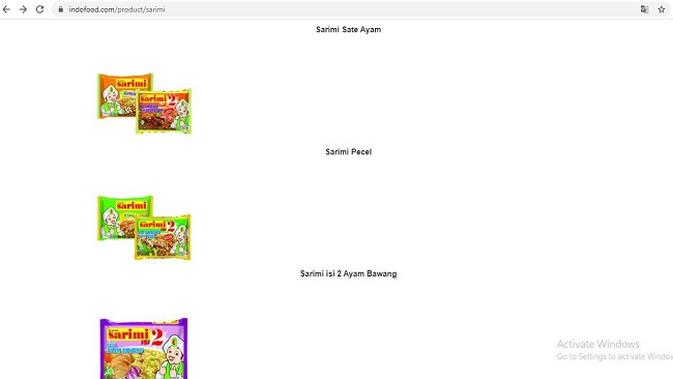 Gambar Tangkapan Layar Foto Mi Instan Sarimi dari Situs indofood.com