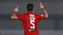 Bek Persija Jakarta, Otavio Dutra melakukan selebrasi usai mencetak gol ke gawang PSIS Semarang dalam laga pekan kedua BRI Liga 1 2021/2022 di Indomilk Arena, Tangerang, Minggu (12/9/2021). (Foto: Bola.Com/M. Iqbal Ichsan)