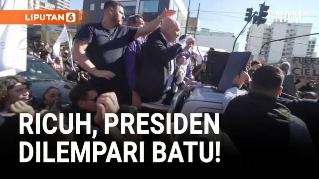 Presiden Argentina Javier Milei dilempari batu saat konvoi kampanyenya melintas di provinsi Buenos Aires, Rabu (27/8). Milei dilaporkan selamat tanpa luka, namun serangan itu memaksa acara kampanye dihentikan lebih awal.