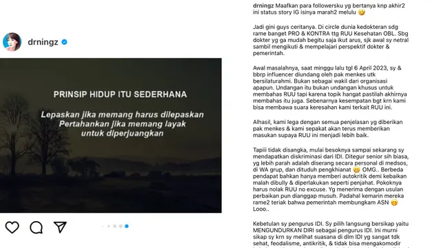 Unggahan RA Adaninggar atau Dokter Ning Usai Memutuskan Keluar sebagai Pengurus IDI
