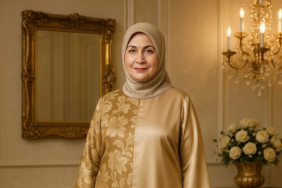Model Gamis Silk Motif Kombinasi Polos untuk Ibu-Ibu Usia 50-an