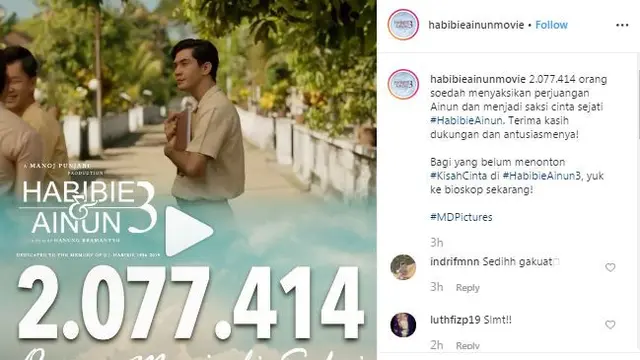 Jumlah penonton Habibie dan Ainun 3. (Foto: Instagram @habibieainunmovie)