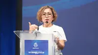 Direktur Emtek Media, Harsiwi Achmad, memaparkan rencana siaran sebagai pemegang hak siar resmi BRI Super League 2026/2027 dalam konferensi pers di SCTV Tower, Jakarta, Selasa (1/9/2026). (Bola.com/Budy Santoso)