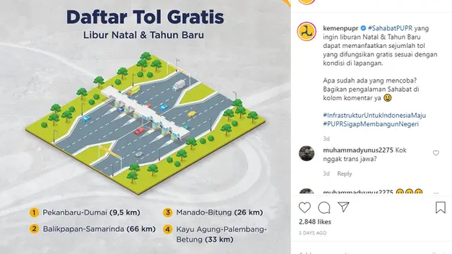 Seperti dilansir akun Instagram resmi Kementerian PUPR, Rabu (1/1/2020), setidaknya terdapat empat jalan tol yang bisa dijajal secara gratis.