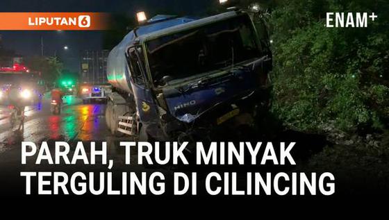 Diduga Sopir Ngantuk, Truk Tangki Minyak Terbalik di Cilincing