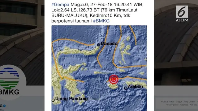 Gempa berkekuatan 5,0 skala Richter (SR) menggetarkan Buru, Maluku. BMKG mengatakan, lokasi gempa terjadi di 2.64 Lintang Selatan, 126.73 Bujur Timur atau 76 km Timur Laut Buru, Maluku.