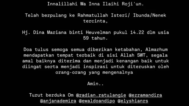 Unggahan Febrian Nindyo soal Dina Mariana meninggal dunia. (Foto: Dok. Instagram @febriannindyop)