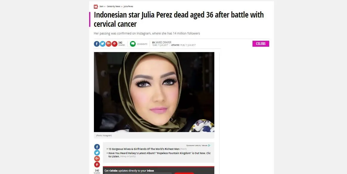 Media luar negeri memberitakan kabar meninggalnya Julia Perez [foto: mirror.co.uk]