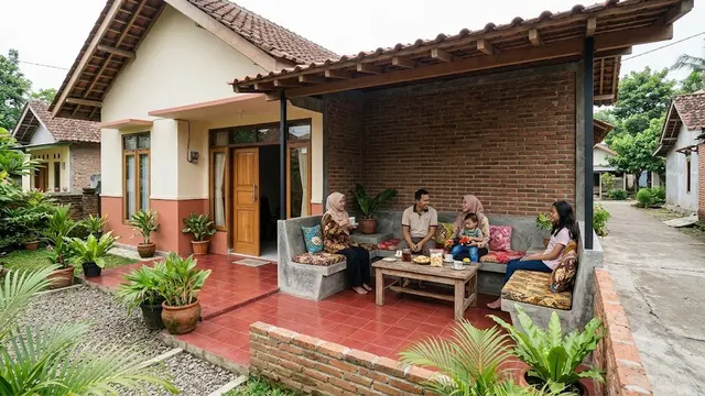 Desain Area Santai Permanen dari Semen dan Bata Ekspos yang Cocok untuk Family Time Model Menyatu dengan Teras Rumah