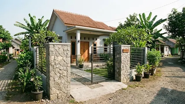 Model Gerbang Rumah Kecil di Kampung dengan Pilar Batu Alam (AI Generated)