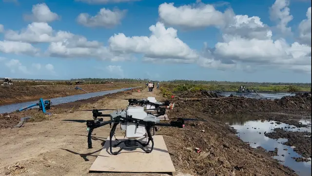 Dua unit drone pertanian terbang rendah menyebarkan butiran pupuk secara merata di persawahan di Kampung Waninggap Kai, Distrik Semangga, Kabupaten Merauke, Papua Selatan. (Liputan6/Luqman Rimadi)