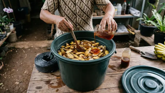 Cara Mengolah Kulit Pisang Fermentasi untuk Pupuk Bunga (Foto: Gemini AI)
